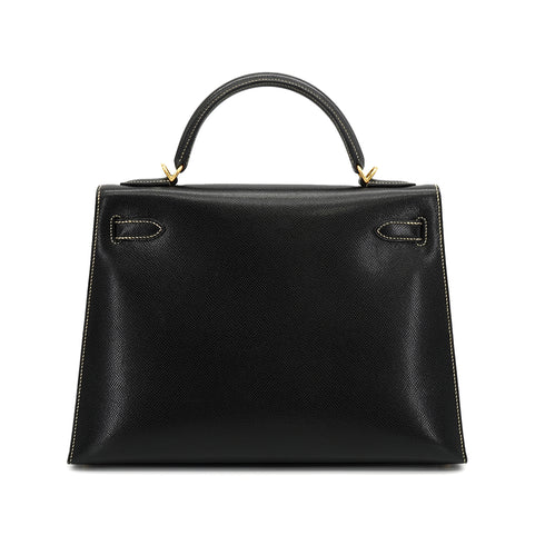 HERMES KELLY 32 SELLIER BLACK LISSE HAND SHOULDER BAG 2001 SQUARE E GOLD HARDWARE 90325808