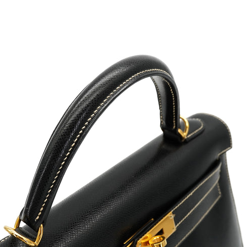 HERMES KELLY 32 SELLIER BLACK LISSE HAND SHOULDER BAG 2001 SQUARE E GOLD HARDWARE 90325808