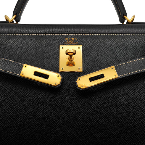 HERMES KELLY 32 SELLIER BLACK LISSE HAND SHOULDER BAG 2001 SQUARE E GOLD HARDWARE 90325808
