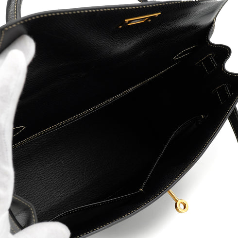 HERMES KELLY 32 SELLIER BLACK LISSE HAND SHOULDER BAG 2001 SQUARE E GOLD HARDWARE 90325808