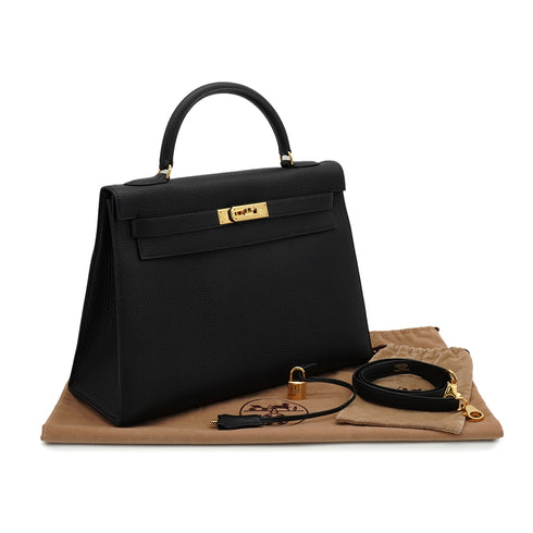 HERMES KELLY 32 SELLIER BLACK TOGO HAND SHOULDER BAG 2000 SQUARE D GOLD HARDWARE 90335566