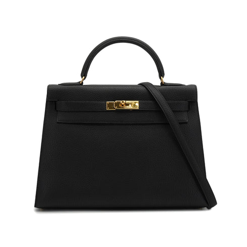 HERMES KELLY 32 SELLIER BLACK TOGO HAND SHOULDER BAG 2000 SQUARE D GOLD HARDWARE 90335566