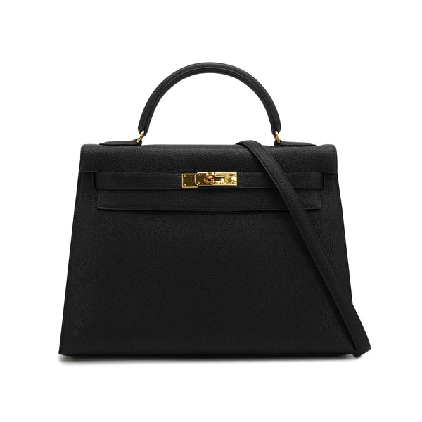 HERMES KELLY 32 SELLIER BLACK TOGO HAND SHOULDER BAG 2000 SQUARE D GOLD HARDWARE 90335566