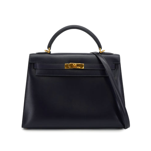 HERMES KELLY 32 SELLIER BLUE INDIGO BOX CALF HAND SHOULDER BAG 2002 SQUARE F GOLD HARDWARE 90341436