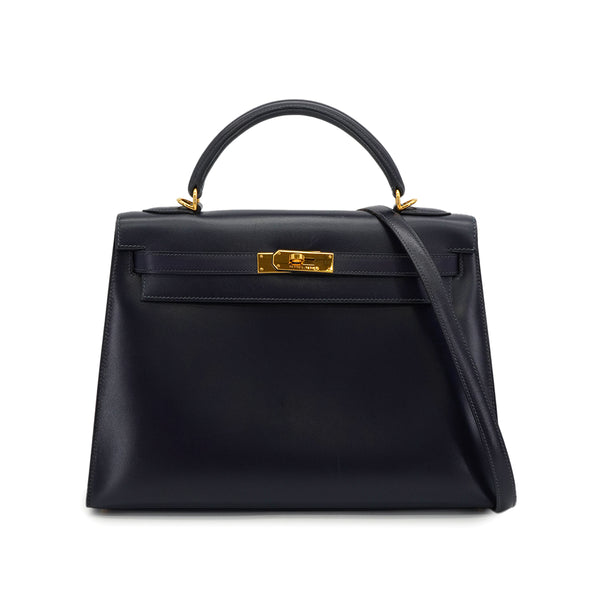 HERMES KELLY 32 SELLIER BLUE INDIGO BOX CALF HAND SHOULDER BAG 2002 SQUARE F GOLD HARDWARE 90341436