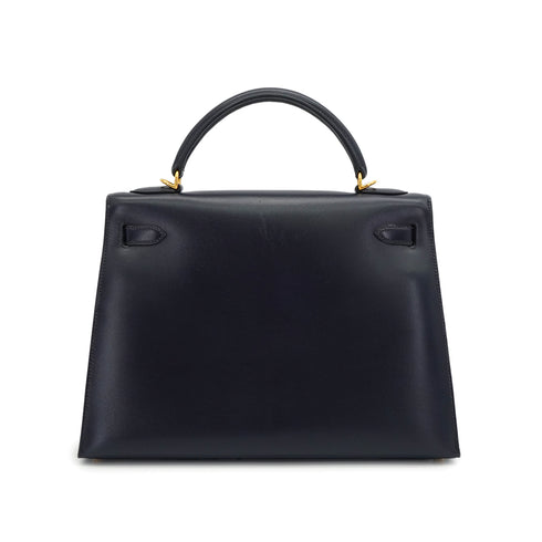 HERMES KELLY 32 SELLIER BLUE INDIGO BOX CALF HAND SHOULDER BAG 2002 SQUARE F GOLD HARDWARE 90341436