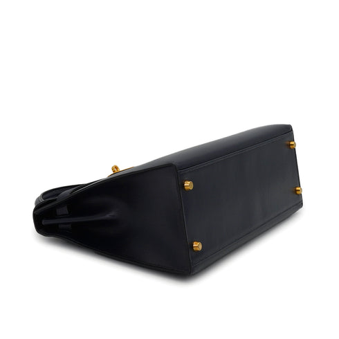 HERMES KELLY 32 SELLIER BLUE INDIGO BOX CALF HAND SHOULDER BAG 2002 SQUARE F GOLD HARDWARE 90341436