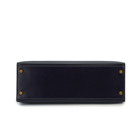 HERMES KELLY 32 SELLIER BLUE INDIGO BOX CALF HAND SHOULDER BAG 2002 SQUARE F GOLD HARDWARE 90341436