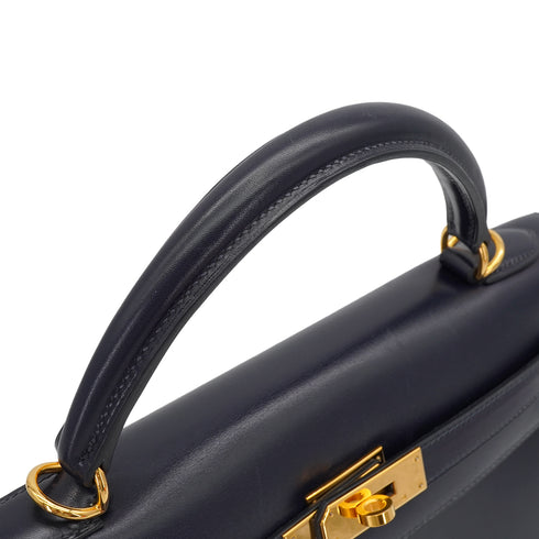 HERMES KELLY 32 SELLIER BLUE INDIGO BOX CALF HAND SHOULDER BAG 2002 SQUARE F GOLD HARDWARE 90341436