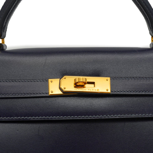 HERMES KELLY 32 SELLIER BLUE INDIGO BOX CALF HAND SHOULDER BAG 2002 SQUARE F GOLD HARDWARE 90341436
