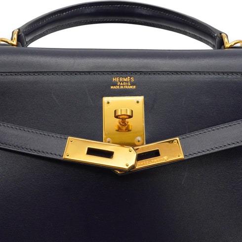 HERMES KELLY 32 SELLIER BLUE INDIGO BOX CALF HAND SHOULDER BAG 2002 SQUARE F GOLD HARDWARE 90341436