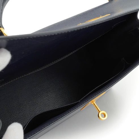 HERMES KELLY 32 SELLIER BLUE INDIGO BOX CALF HAND SHOULDER BAG 2002 SQUARE F GOLD HARDWARE 90341436