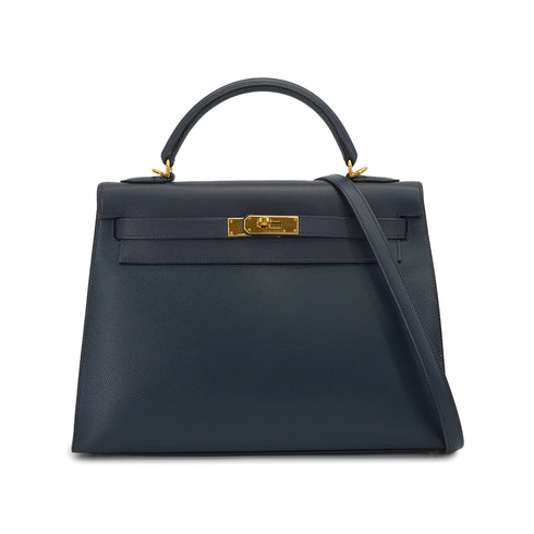 HERMES KELLY 32 SELLIER BLUE INDIGO COURCHEVEL HAND SHOULDER BAG 2000 SQUARE D GOLD HARDWARE 90331398