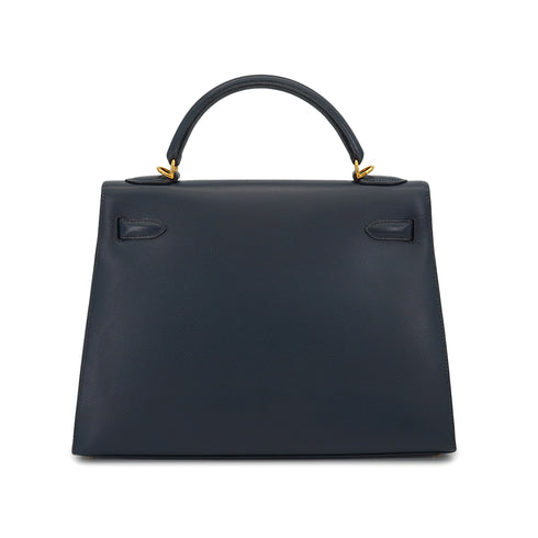 HERMES KELLY 32 SELLIER BLUE INDIGO COURCHEVEL HAND SHOULDER BAG 2000 SQUARE D GOLD HARDWARE 90331398