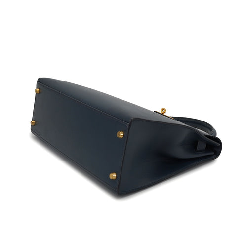 HERMES KELLY 32 SELLIER BLUE INDIGO COURCHEVEL HAND SHOULDER BAG 2000 SQUARE D GOLD HARDWARE 90331398