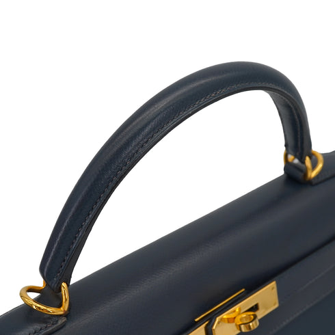 HERMES KELLY 32 SELLIER BLUE INDIGO COURCHEVEL HAND SHOULDER BAG 2000 SQUARE D GOLD HARDWARE 90331398