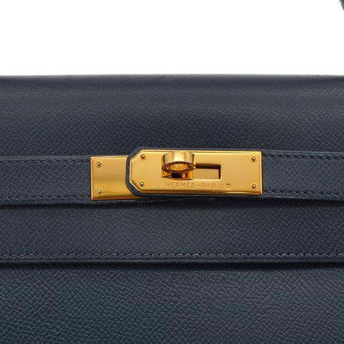 HERMES KELLY 32 SELLIER BLUE INDIGO COURCHEVEL HAND SHOULDER BAG 2000 SQUARE D GOLD HARDWARE 90331398