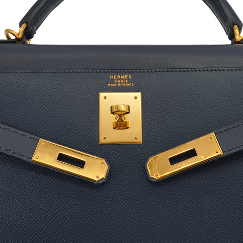HERMES KELLY 32 SELLIER BLUE INDIGO COURCHEVEL HAND SHOULDER BAG 2000 SQUARE D GOLD HARDWARE 90331398