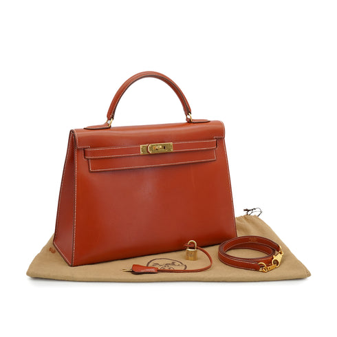 HERMES KELLY 32 SELLIER BRIQUE BOX CALF HAND SHOULDER BAG 1993 CIRCLE W GOLD HARDWARE 90338382