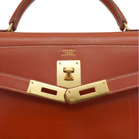 HERMES KELLY 32 SELLIER BRIQUE BOX CALF HAND SHOULDER BAG 1993 CIRCLE W GOLD HARDWARE 90338382