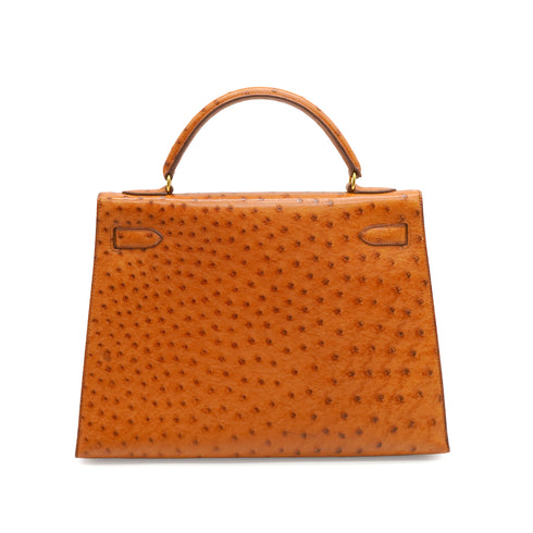 HERMES KELLY 32 SELLIER CHESTNUT OSTRICH HAND SHOULDER BAG 1992 CIRCLE V GOLD HARDWARE 90350359