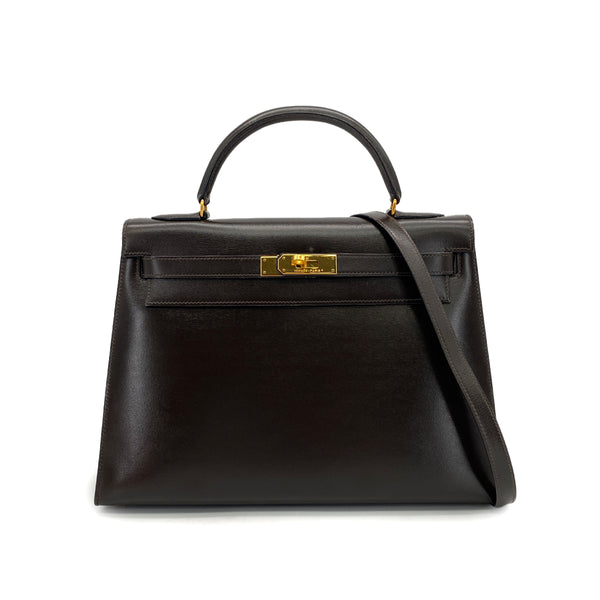 HERMES KELLY 32 SELLIER CHOCOLAT BOXCALF HAND SHOULDER BAG 1990 CIRCLE T GOLD HARDWARE 90324145