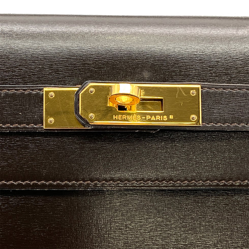 HERMES KELLY 32 SELLIER CHOCOLAT BOXCALF HAND SHOULDER BAG 1990 CIRCLE T GOLD HARDWARE 90324145