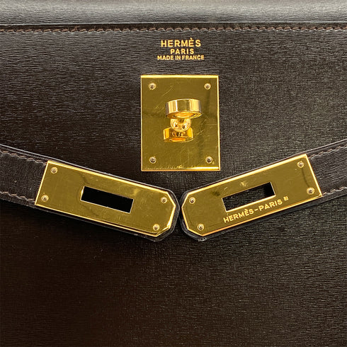 HERMES KELLY 32 SELLIER CHOCOLAT BOXCALF HAND SHOULDER BAG 1990 CIRCLE T GOLD HARDWARE 90324145