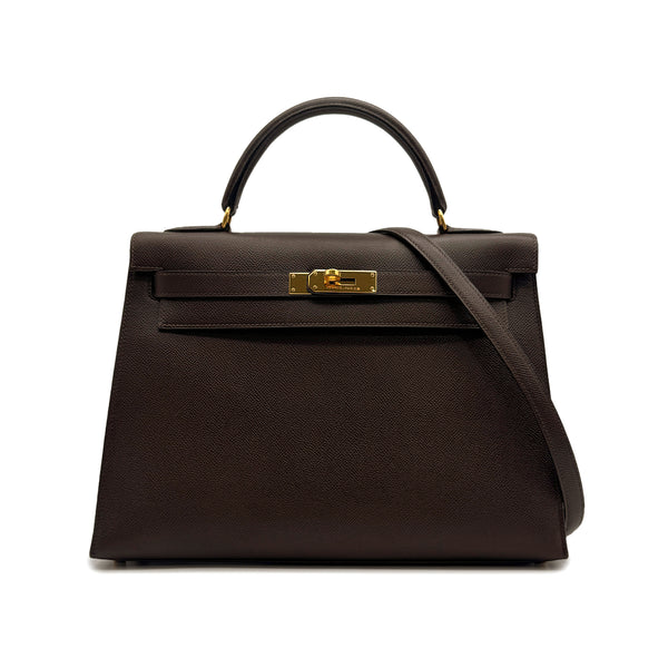 HERMES KELLY 32 SELLIER CHOCOLAT COUCHEVEL HAND SHOULDER BAG 1995 CIRCLE Y GOLD HARDWARE 90315876