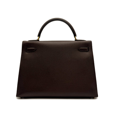HERMES KELLY 32 SELLIER CHOCOLAT COUCHEVEL HAND SHOULDER BAG 1995 CIRCLE Y GOLD HARDWARE 90315876