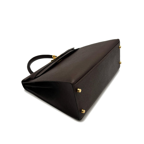 HERMES KELLY 32 SELLIER CHOCOLAT COUCHEVEL HAND SHOULDER BAG 1995 CIRCLE Y GOLD HARDWARE 90315876