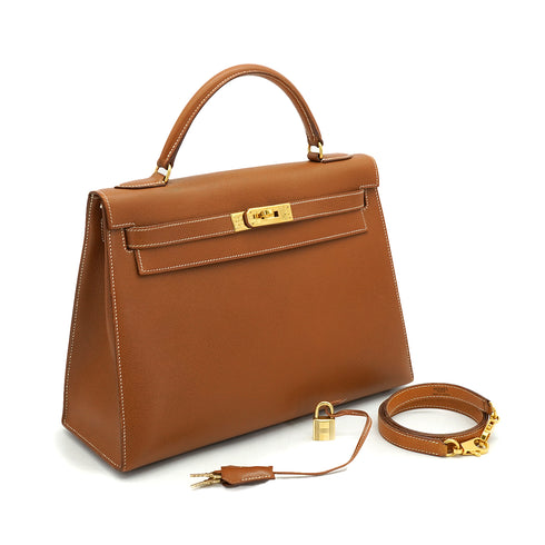 HERMES KELLY 32 SELLIER GOLD COUCHEVEL HAND SHOULDER BAG 1992 CIRCLE V GOLD HARDWARE 90349396