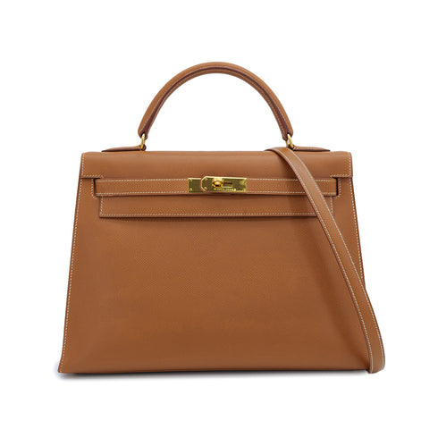 HERMES KELLY 32 SELLIER GOLD COUCHEVEL HAND SHOULDER BAG 1997 SQUARE A GOLD HARDWARE 90314324