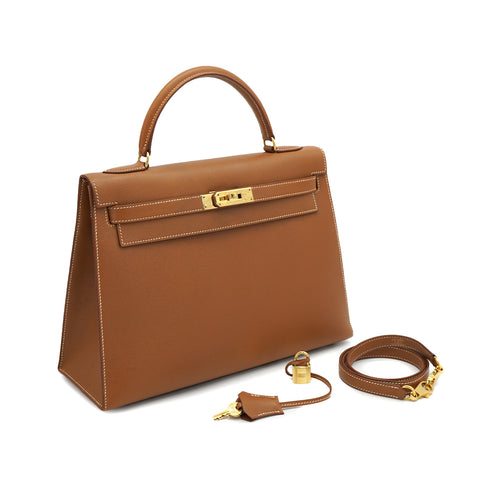 HERMES KELLY 32 SELLIER GOLD COURCHEVEL HAND SHOULDER BAG 1996 CIRCLE Z GOLD HARDWARE 90332561