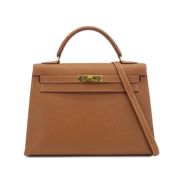 HERMES KELLY 32 SELLIER GOLD COURCHEVEL HAND SHOULDER BAG 1992 CIRCLE V GOLD HARDWARE 90325851