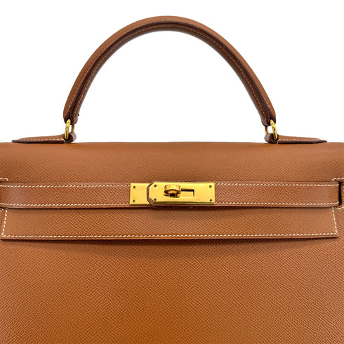 HERMES KELLY 32 SELLIER GOLD COURCHEVEL HAND SHOULDER BAG 1992 CIRCLE V GOLD HARDWARE 90325851