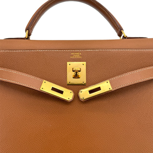 HERMES KELLY 32 SELLIER GOLD COURCHEVEL HAND SHOULDER BAG 1992 CIRCLE V GOLD HARDWARE 90325851