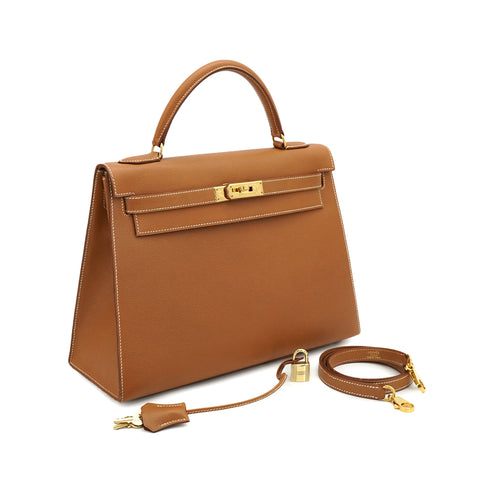 HERMES KELLY 32 SELLIER GOLD COURCHEVEL HAND SHOULDER BAG 1996 CIRCLE Z GOLD HARDWARE 90332386