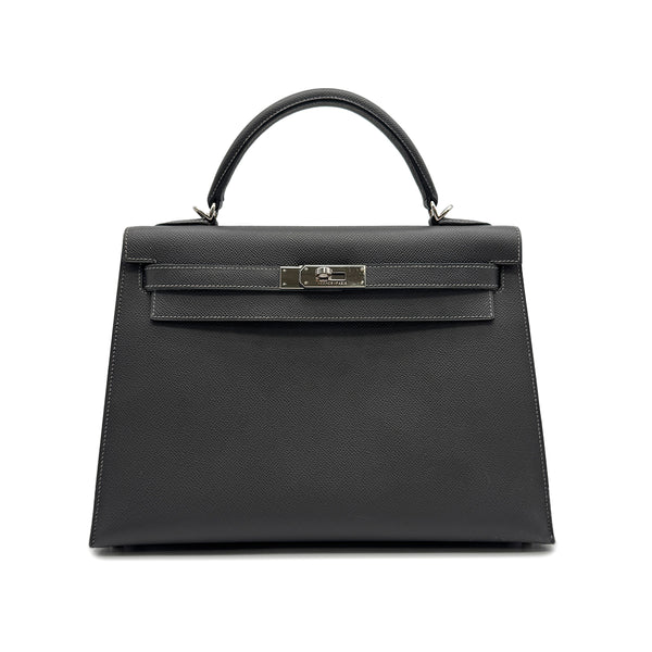 HERMES KELLY 32 SELLIER GRAPHITE VEAU EPSOM HAND BAG 2005 SQUARE I PALLADIUM HARDWARE 90314368
