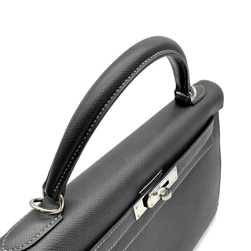 HERMES KELLY 32 SELLIER GRAPHITE VEAU EPSOM HAND BAG 2005 SQUARE I PALLADIUM HARDWARE 90314368