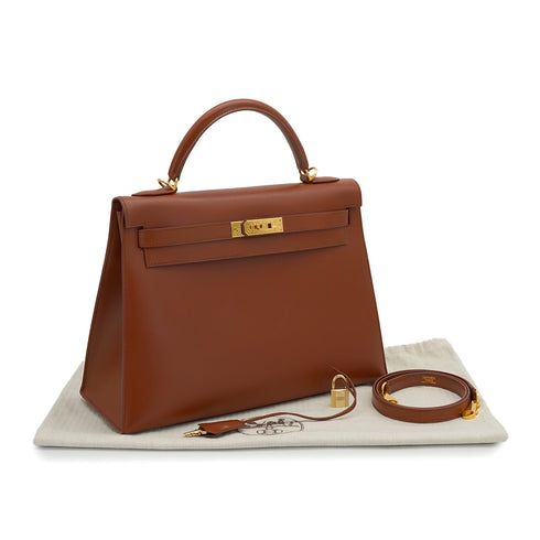 HERMES KELLY 32 SELLIER NOISETTE BOXCALF HAND SHOULDER BAG 2001 SQUARE E GOLD HARDWARE 90327052