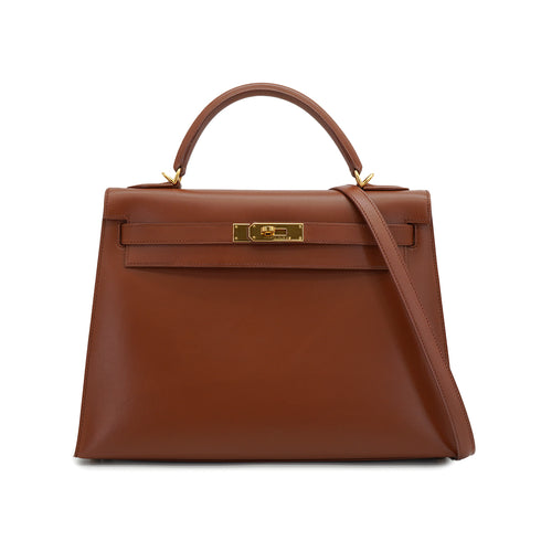 HERMES KELLY 32 SELLIER NOISETTE BOXCALF HAND SHOULDER BAG 2001 SQUARE E GOLD HARDWARE 90327052