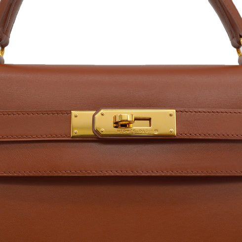 HERMES KELLY 32 SELLIER NOISETTE BOXCALF HAND SHOULDER BAG 2001 SQUARE E GOLD HARDWARE 90327052
