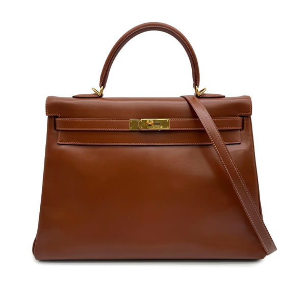 HERMES KELLY 35 SELLIER NOISETTE BOXCALF HAND SHOULDER BAG 2002 SQUARE F GOLD HARDWARE 90328924