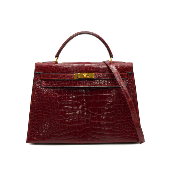 HERMES KELLY 32 SELLIER ROUGE H CROCODILE ALLIGATOR HAND SHOULDER BAG 1993 CIRCLE W GOLD HARDWARE 90327983