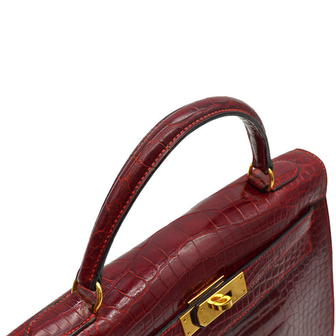 HERMES KELLY 32 SELLIER ROUGE H CROCODILE ALLIGATOR HAND SHOULDER BAG 1993 CIRCLE W GOLD HARDWARE 90327983