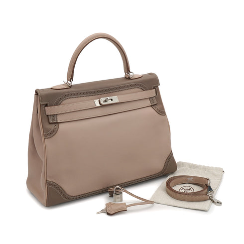 HERMES KELLY 35 GHILLIES RETOURNE ARGILE ETOUPE VEAU SWIFT HAND SHOULDER BAG 2012 SQUARE P STAMP PALLADIUM HARDWARE 90344353