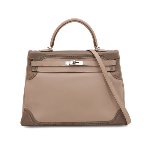 HERMES KELLY 35 GHILLIES RETOURNE ARGILE ETOUPE VEAU SWIFT HAND SHOULDER BAG 2012 SQUARE P STAMP PALLADIUM HARDWARE 90344353