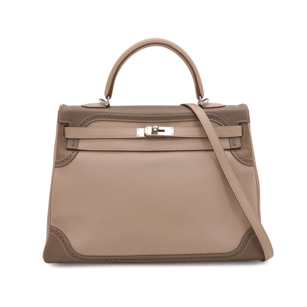 HERMES KELLY 35 GHILLIES RETOURNE ARGILE ETOUPE VEAU SWIFT HAND SHOULDER BAG 2012 SQUARE P STAMP PALLADIUM HARDWARE 90344353