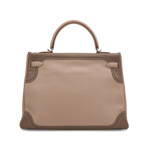 HERMES KELLY 35 GHILLIES RETOURNE ARGILE ETOUPE VEAU SWIFT HAND SHOULDER BAG 2012 SQUARE P STAMP PALLADIUM HARDWARE 90344353